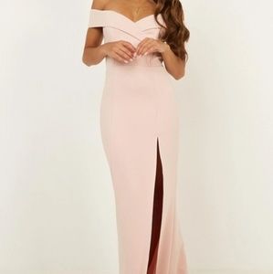 Blush pink off the shoulder gown